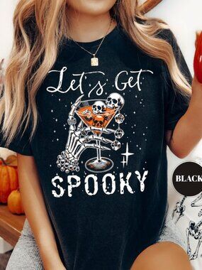 Let's Get Spooky T-Shirt, Skeleton Martini Halloween Tee